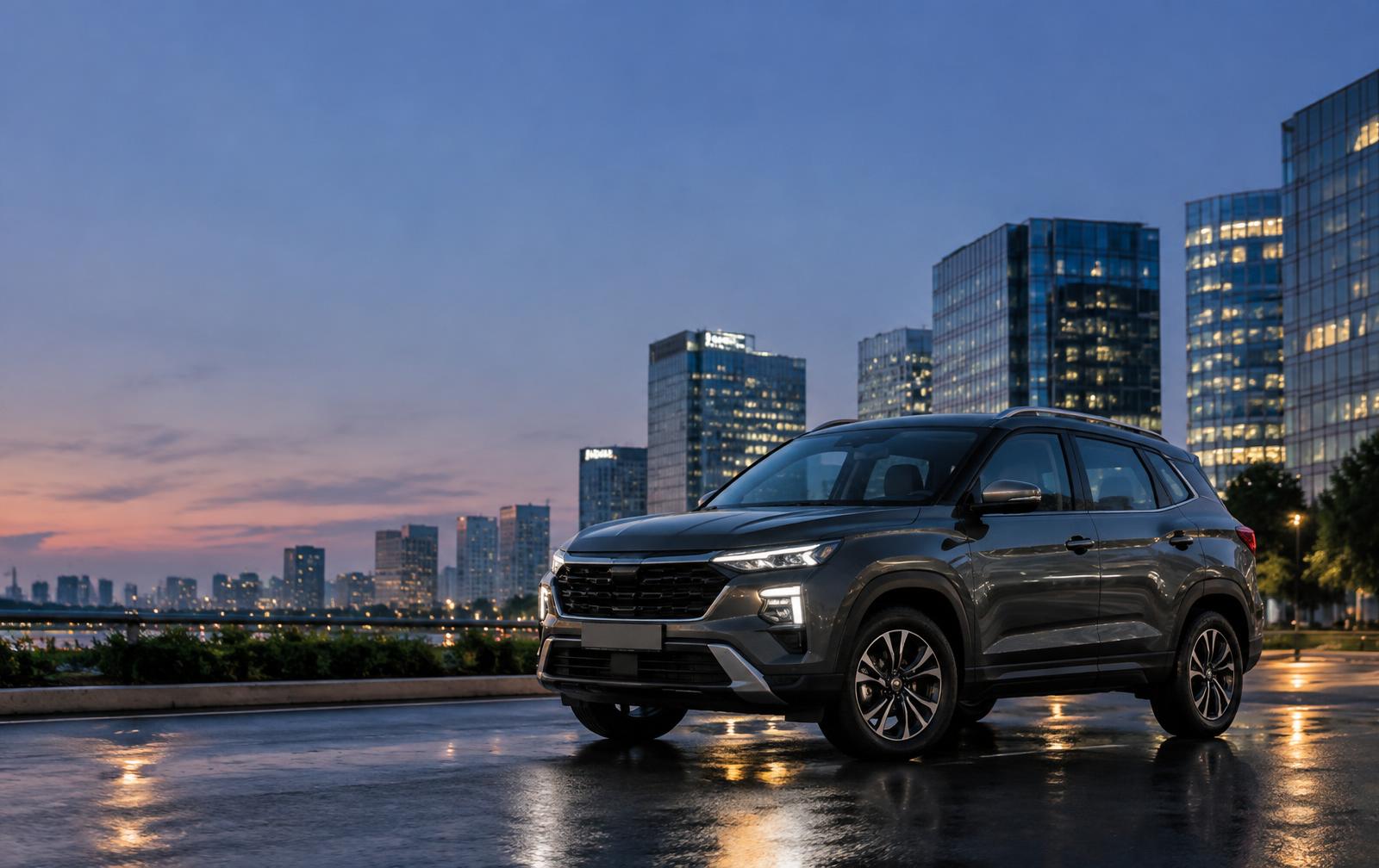 Modern SUV parked at dusk in Hyderabad's Financial District