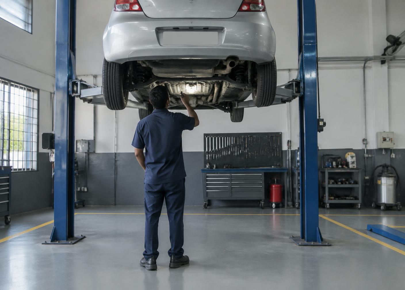 Technician inspecting the underside of a car on a lift